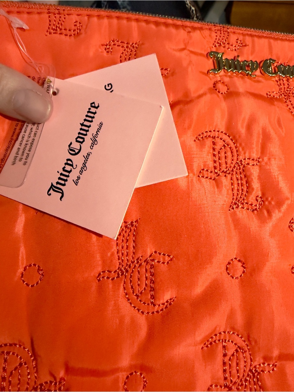 Juicy Couture Bright Orange Quilted Cosmetic Pouch LARGE 11 x 7.25”